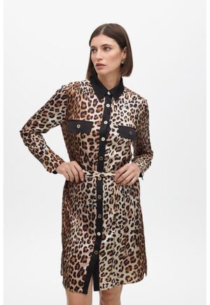 Rochie-camasa cu animal print si cordon in talie - Negru/Maro scortisoara/Maro nisip