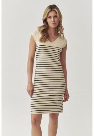 Rochie scurta cu model in dungi si decolteu in V - Negru/Bej deschis