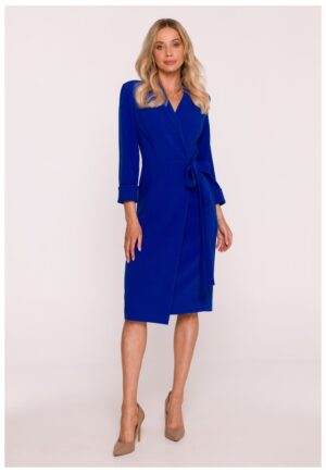Rochie Midi - S415 bordo Decolteu in V - Guler Sal - Maneci 7/8 - Legatura in talie - Material neted cu finisaj moale - Partial captusita - Stil infasurat - Albastru