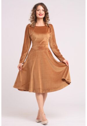 Rochie midi cu aspect de catifea - croiala evazata si buzunare laterale - Bej