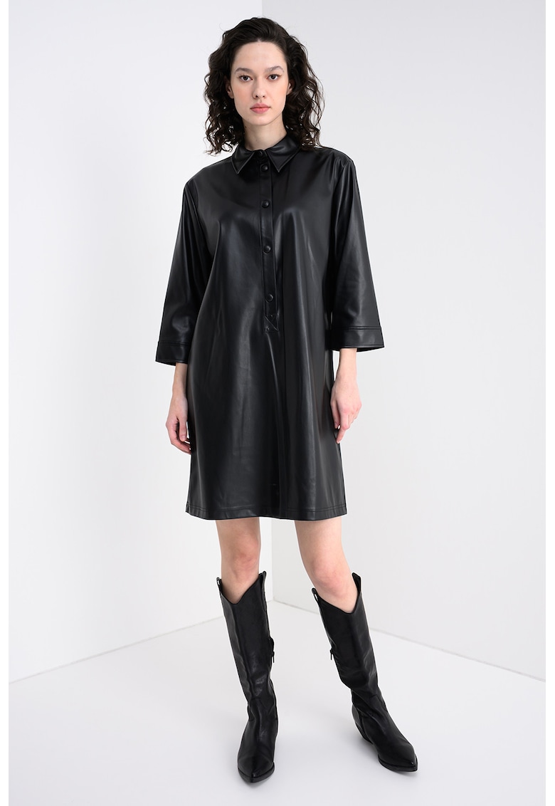 Rochie de piele ecologica cu maneri 3/4 - Negru