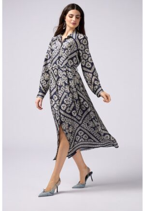 Rochie midi cu imprimeu grafic - Alb fildes/Bleumarin