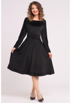 Rochie midi cu aspect de catifea - croiala evazata si buzunare laterale - Negru