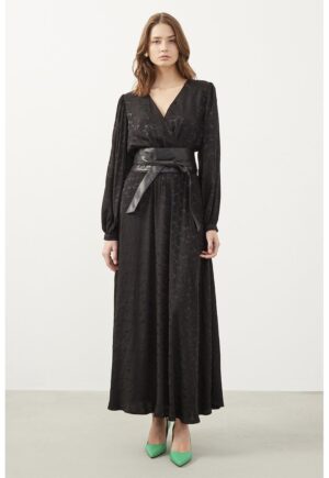 Rochie maxi din bumbac cu maneci bufante - Negru