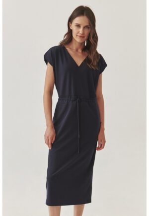 Rochie midi cu decolteu in V si cordon in talie Mandy - Bleumarin