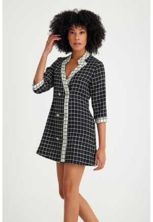 Rochie-sacou din tuid in carouri - Alb fildes/Negru