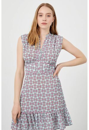 Rochie cu model si imprimeu grafic - Roz somon/Albastru pal