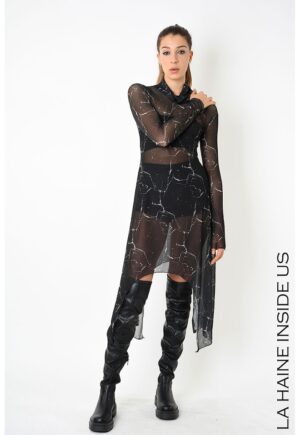 Rochie lunga din tul cu imprimu si guler inalt - Negru