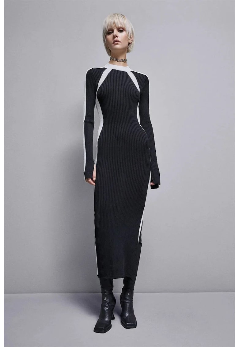 Rochie lunga creion - cu model colorblock - Negru