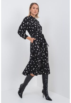 Rochie midi cu model floral si maneci trei sferturi - Negru/Grej