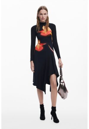 Rochie din amestec de bumbac cu terminatie asimetrica - Negru/Coral/Portocaliu pal
