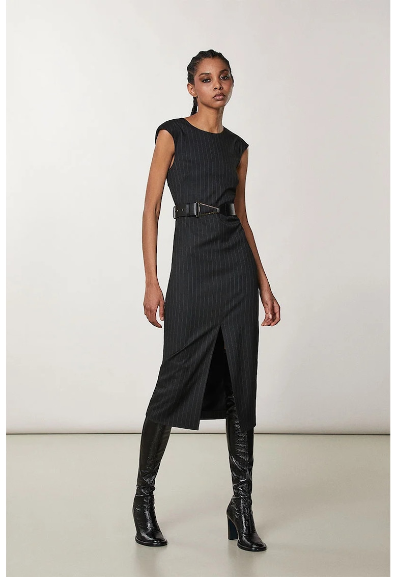 Rochie midi - fara maneci - cu imprimeu in dungi - Negru