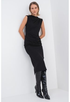 Rochie midi cu fronseuri si detalii metalice - Auriu/Negru