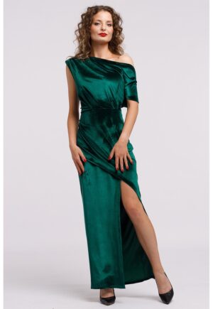 Rochie maxi catifelata cu decolteu pe un umar si slit frontal - Verde englez