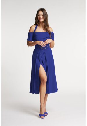 Rochie evazata din amestec de in cu slit lateral adanc Chimera - Albastru royal