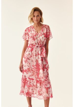 Rochie midi evazata cu imprimeu floral - Alb/Roz