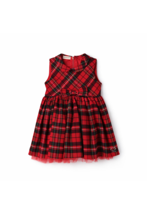Rochie  pentru fete - model in carouri rosii - cu funda frontala si tulle - fara maneci