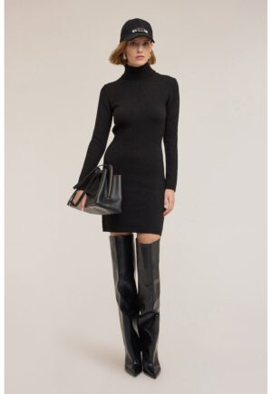 Rochie mini cambrata din amestec de lana cu guler inalt - Gri antracit