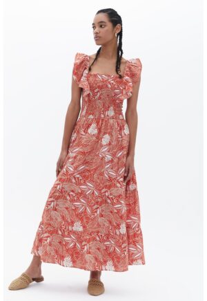 Rochie cu model floral si maneci scurte Pavdesel - Coral/Alb murdar