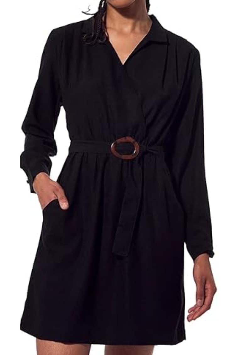 Rochie neagra - cu volane si curea - din poliester - pentru femei -