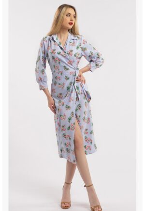 Rochie midi cu croiala petrecuta si slit frontal - Alb/Albastru