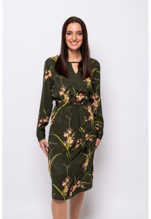 Rochie cu imprimeu floral si cordon in talie Vebona - Verde/Roz deschis
