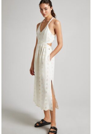 Rochie din amestec de in cu buzunare laterale - Alb