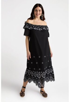 Rochie de bumbac cu decolteu pe umeri - Negru/Alb optic