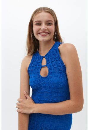 Rochie midi cambrata cu aspect texturat si decupaje - Albastru royal