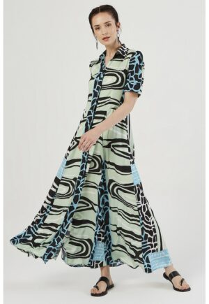 Rochie-camasa cu croiala evazata si buzunare - Negru/Verde pal/Albastru