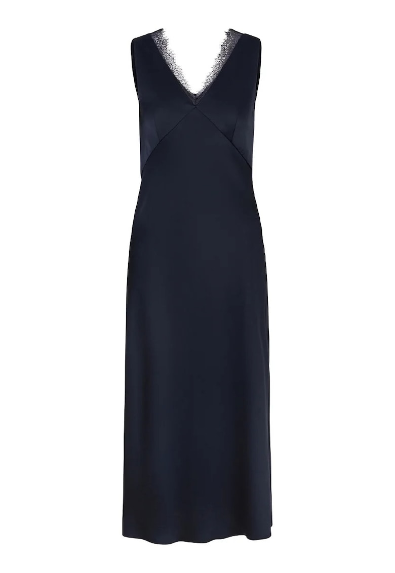 Rochie midi fara maneci cu decolteu in V si detalii tip dantela - Albastru inchis