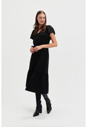 Rochie cu decolteu in V si maneci scurte - Negru