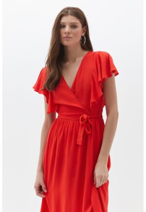 Rochie midi cu decolteu in V si cordon in talie - Rosu vermillion