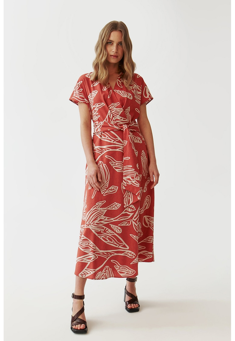 Rochie midi cu maneci chimono - Rosu/Alb