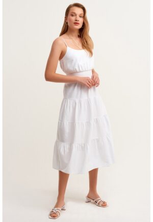 Rochie midi stratificata cu croiala in A - Alb