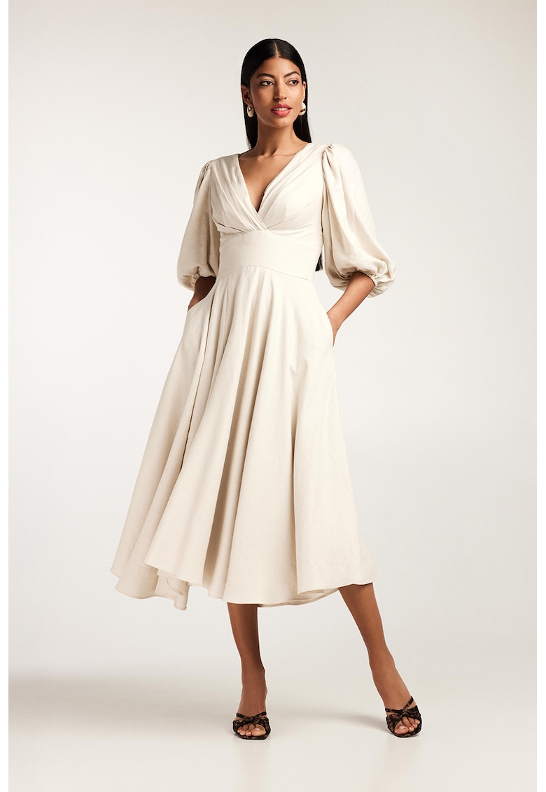 Rochie midi cu croiala in A - din amestec de bambuc - cu maneci bufante - Bej deschis