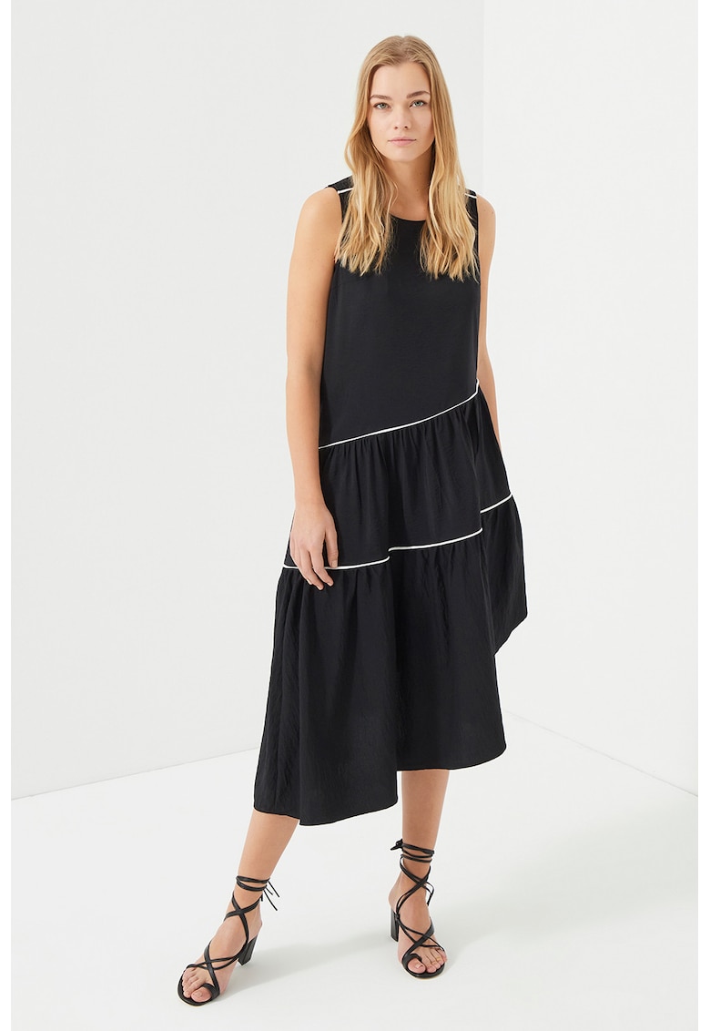 Rochie midi asimetrica cu fronseu - Alb/Negru