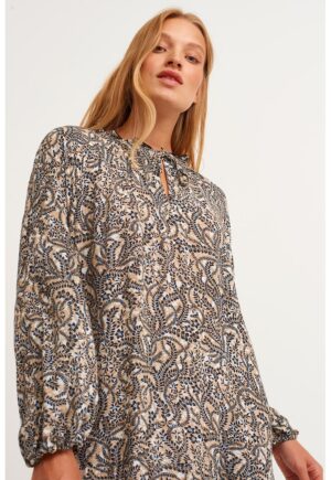 Rochie midi cu imprimeu floral - Alb fildes/Negru/Bej