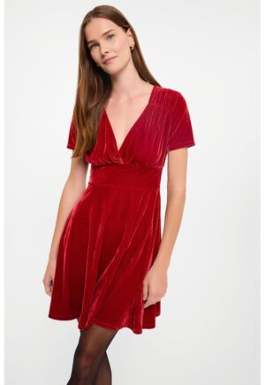 Rochie mini evazata cu aspect de catifea - Rosu