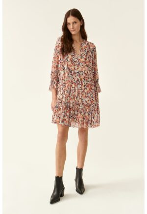 Rochie cu decolteu in V - croiala in A si model floral - Multicolor