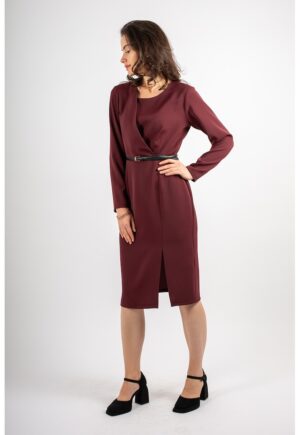 Rochie midi cu decolteu asimetric - Visiniu