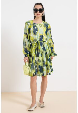 Rochhie evazata cu decolteu rotund si imprimeu - Verde lime/Bleumarin