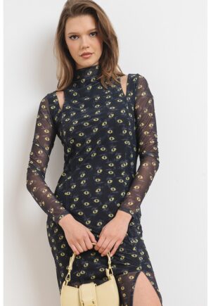 Rochie bodycon cu imprimeu si decupaje Noslin - Gri carbune/Verde lime