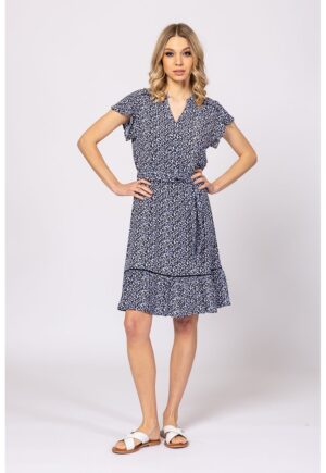 Rochie cu imprimeu si cordon in talie - Alb optic/Bleumarin