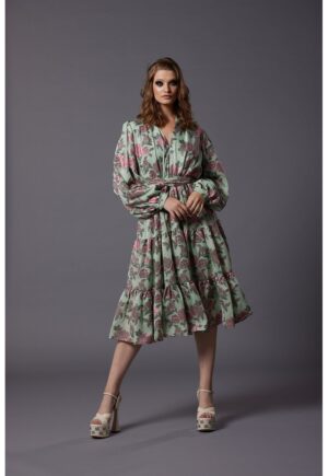Rochie din amestec de matase cu imprimeu Simina - Roz fandango/Verde pal