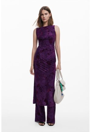 Rochie lunga cu model floral si fronseuri - Ametist