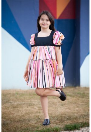 Rochie evazata cu decolteu patrat - Roz/Bleumarin