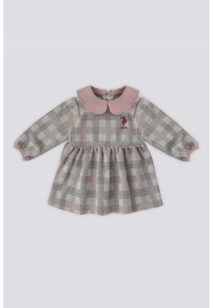 Rochie in carouri cu guler Peter Pan - Gri/Roz