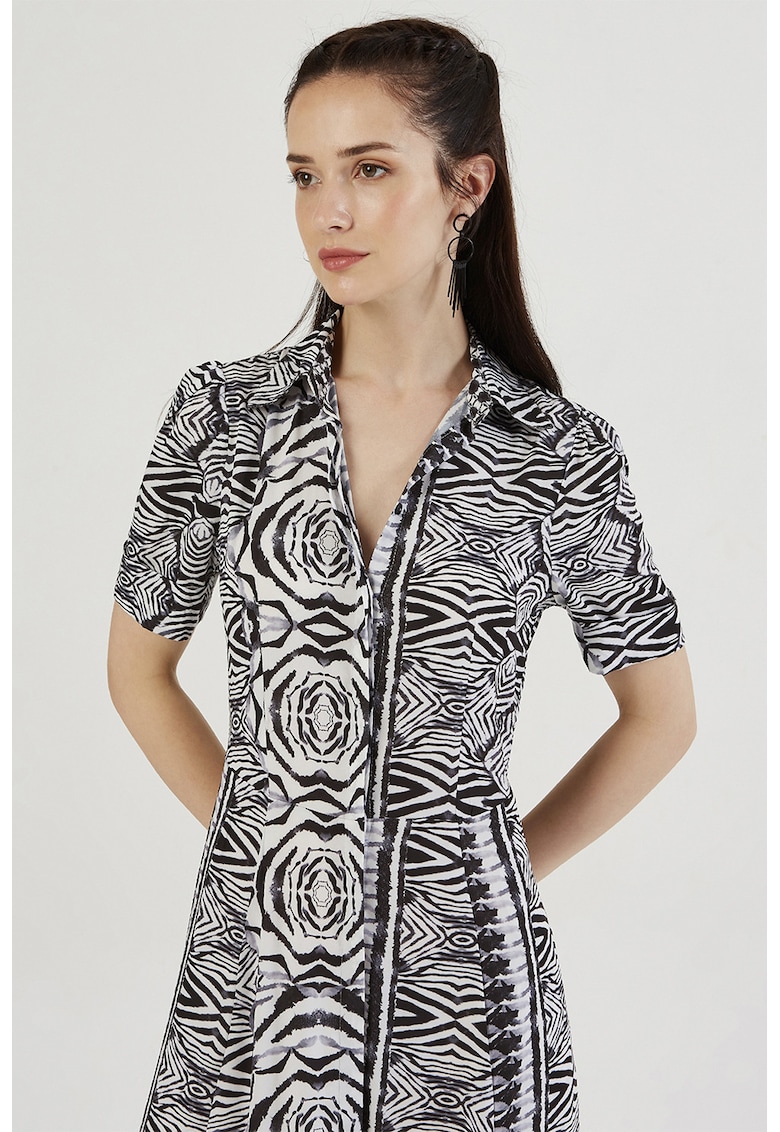 Rochie-camasa cu croiala evazata si buzunare - Alb/Negru stins