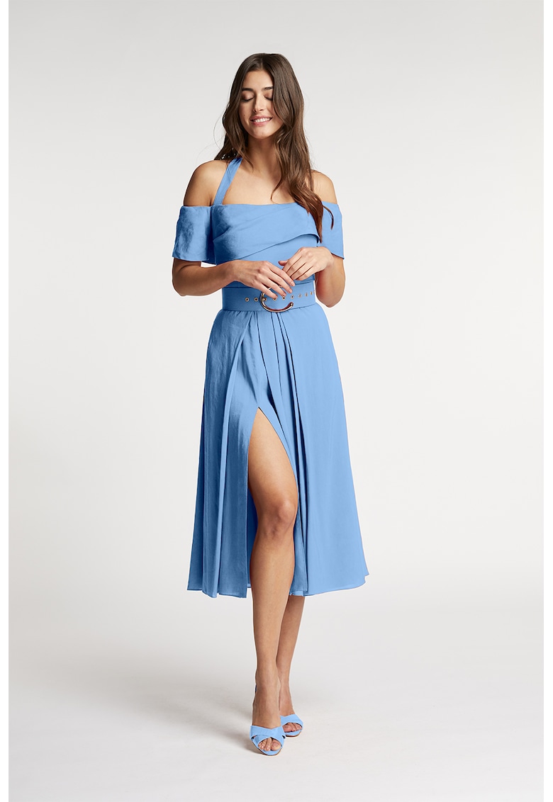 Rochie evazata din amestec de in cu slit lateral adanc Chimera - Albastru azur